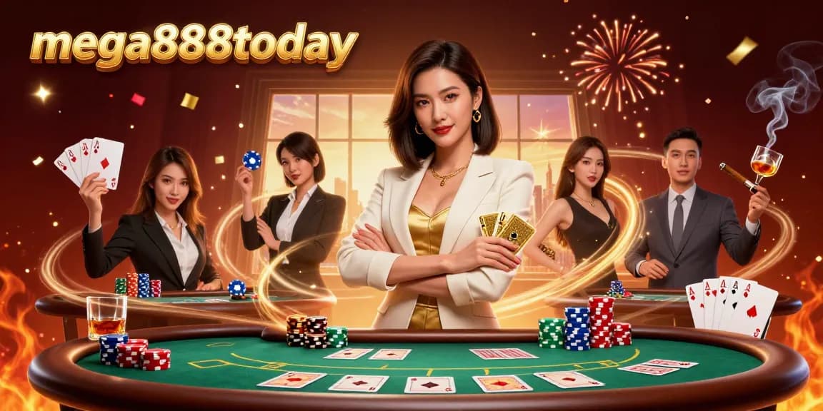 Play exciting games at mega888today with a photorealistic Asian woman showcasing her winning poker skills.