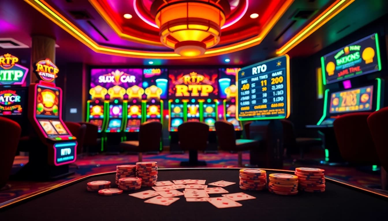Players engaging with RTP Slot Gacor machines, hoping for big wins in a vibrant casino atmosphere.