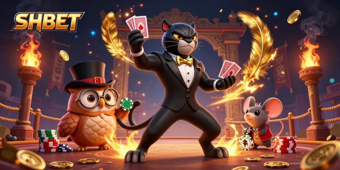 Experience SHBET with a stylish black panther dealing cards, flanked by a wise owl and a lucky mouse, creating a captivating gambling scene.