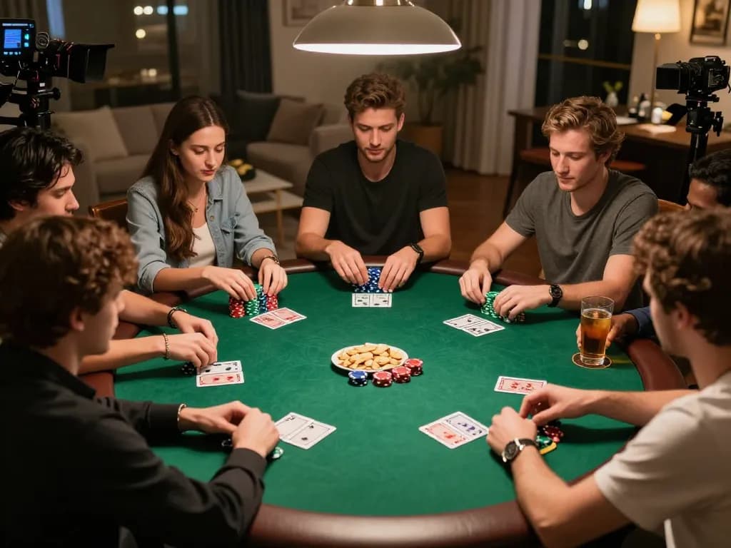 Friends enjoying a poker game at home, highlighting the sunwin gaming experience through strategic gameplay and social interaction.