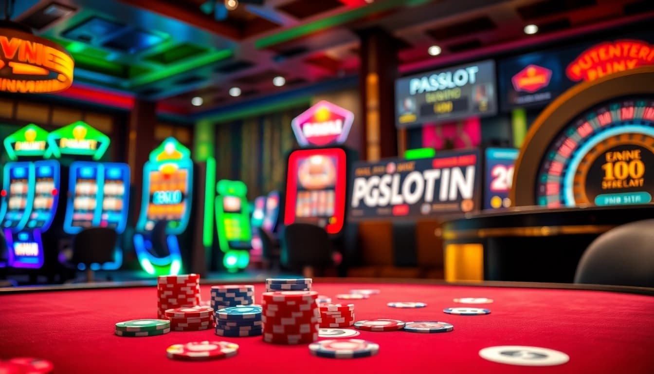 Play an exciting game at PGSLOT IN with vibrant poker chips and illuminated slot machines.