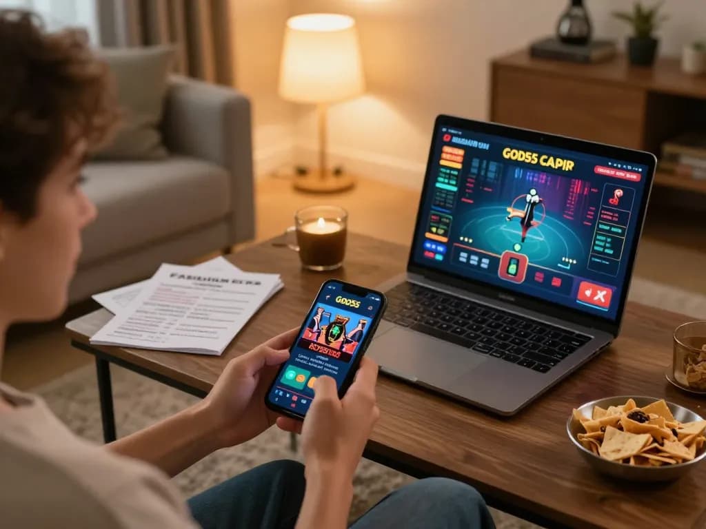 Engaging with the god55 casino app on a smartphone in a cozy home gaming setup
