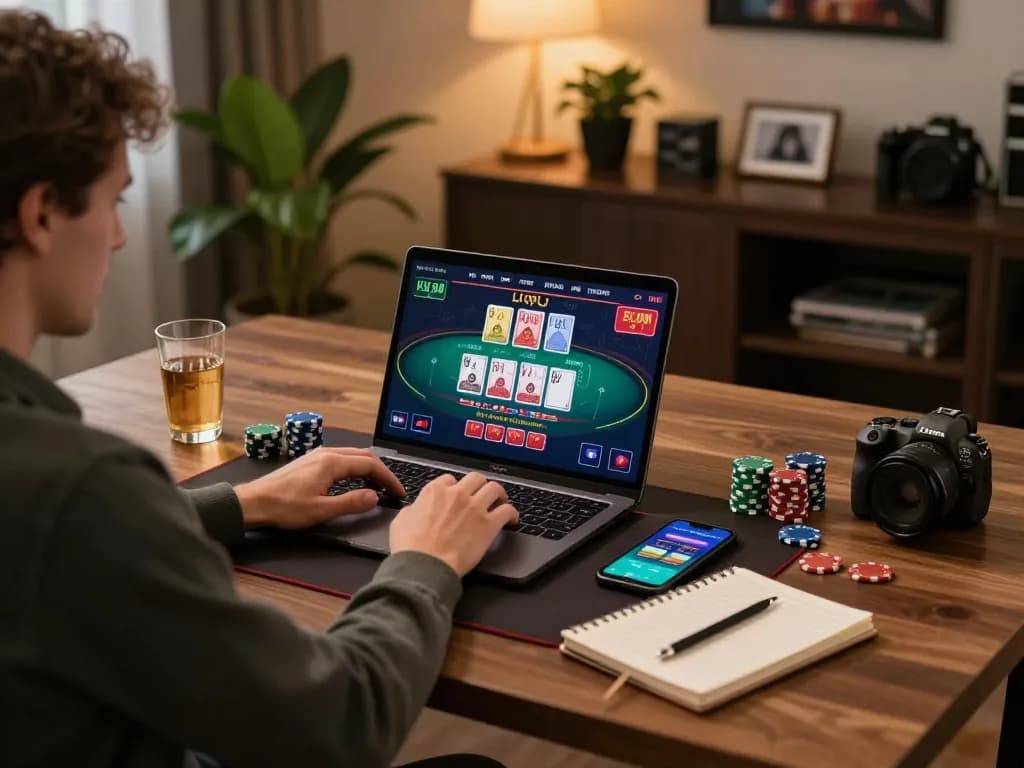 Engaging in online gambling at CM88 with live blackjack gameplay on a laptop, showcasing immersive experience.