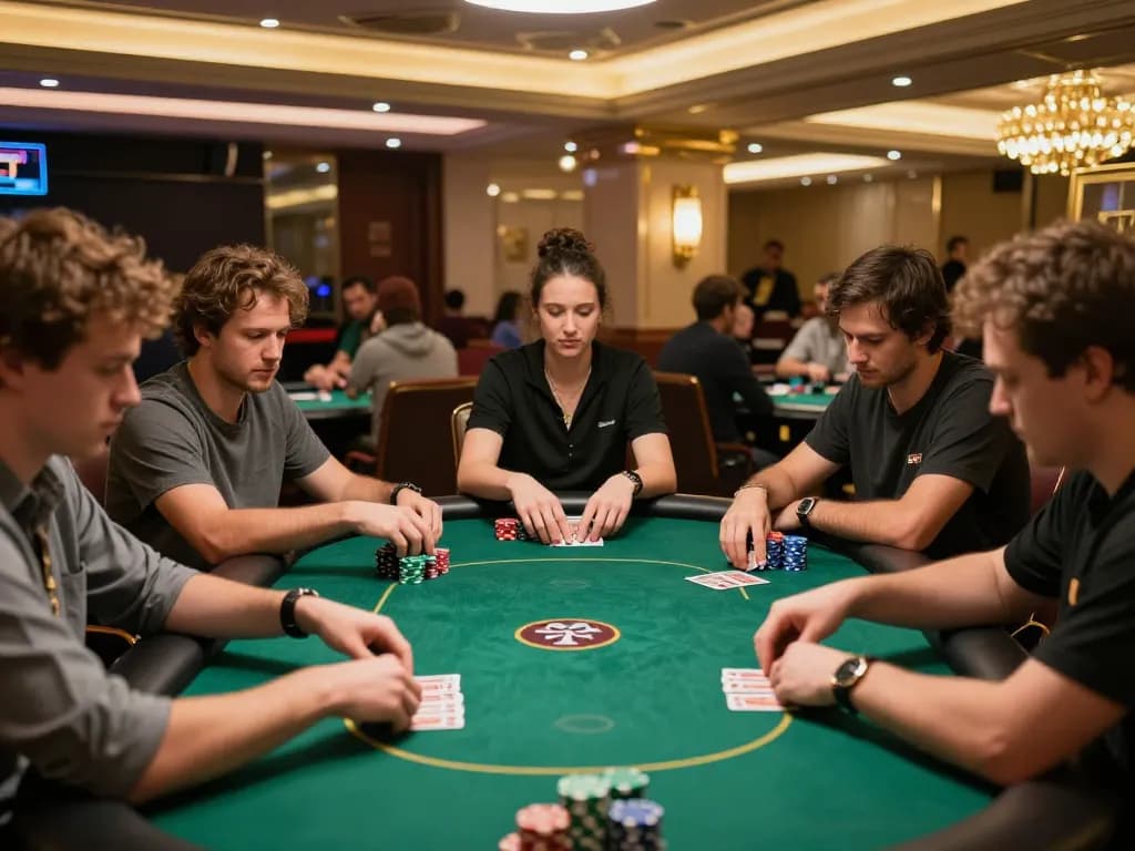 F8BET players engaging in an intense poker game, showcasing strategic gameplay in a vibrant casino.