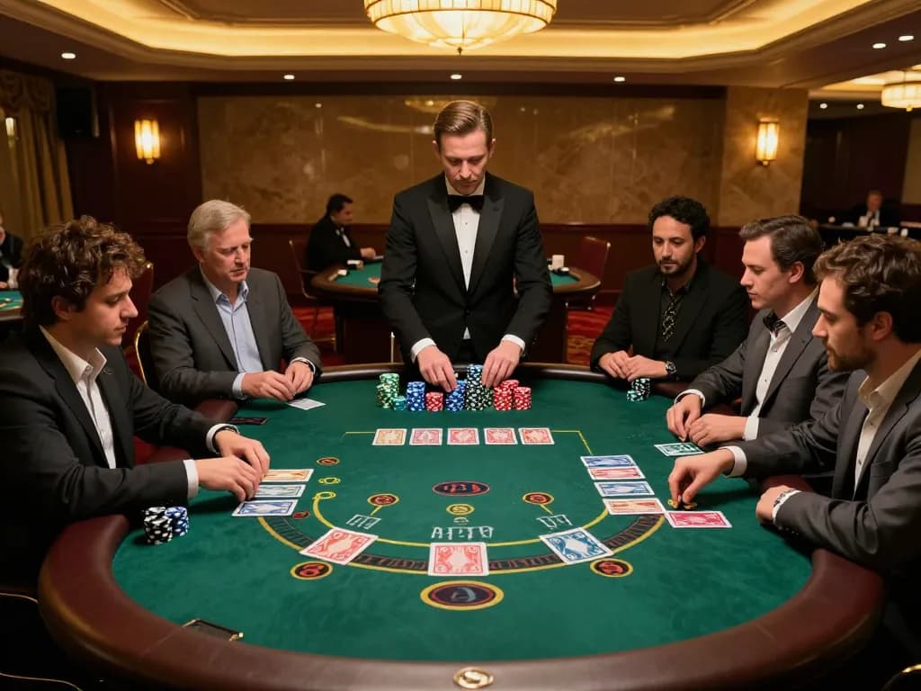 Intense blackjack gameplay at fc88on casino with players analyzing cards and chips stacked high