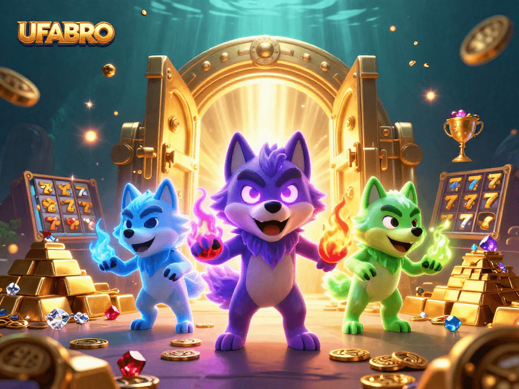 Experience thrilling wins at UFABRO with our vibrant gaming scene filled with gems and slot reels.