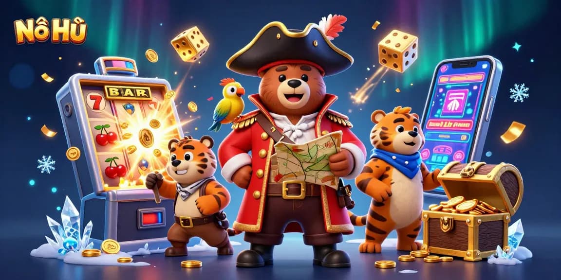 Experience thrilling Nổ Hũ gameplay with a dynamic pirate scene bursting with colorful casino elements.