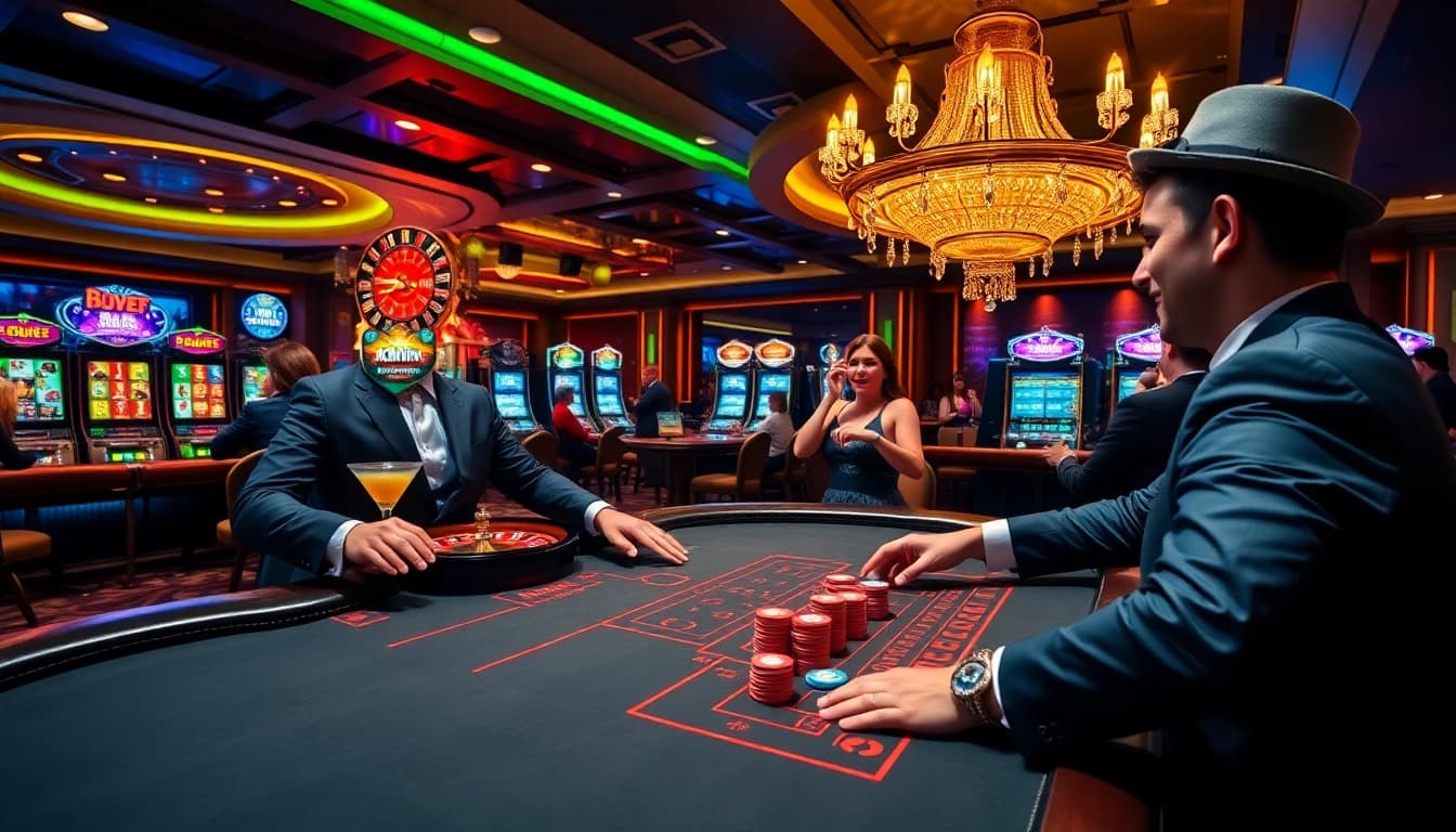 Kkwin casino scene showcasing a poker table with chips, a roulette wheel, and vibrant slot machines.