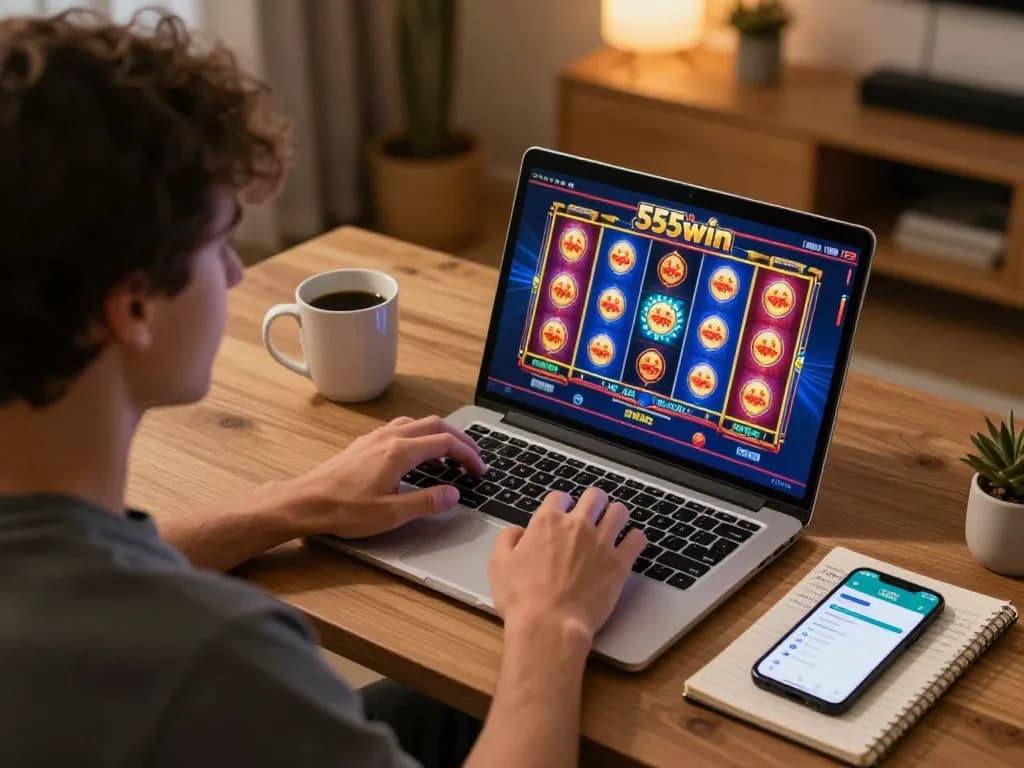 Player experiencing excitement with 555win online casino gameplay on laptop at home, focusing on strategy and responsible gambling.