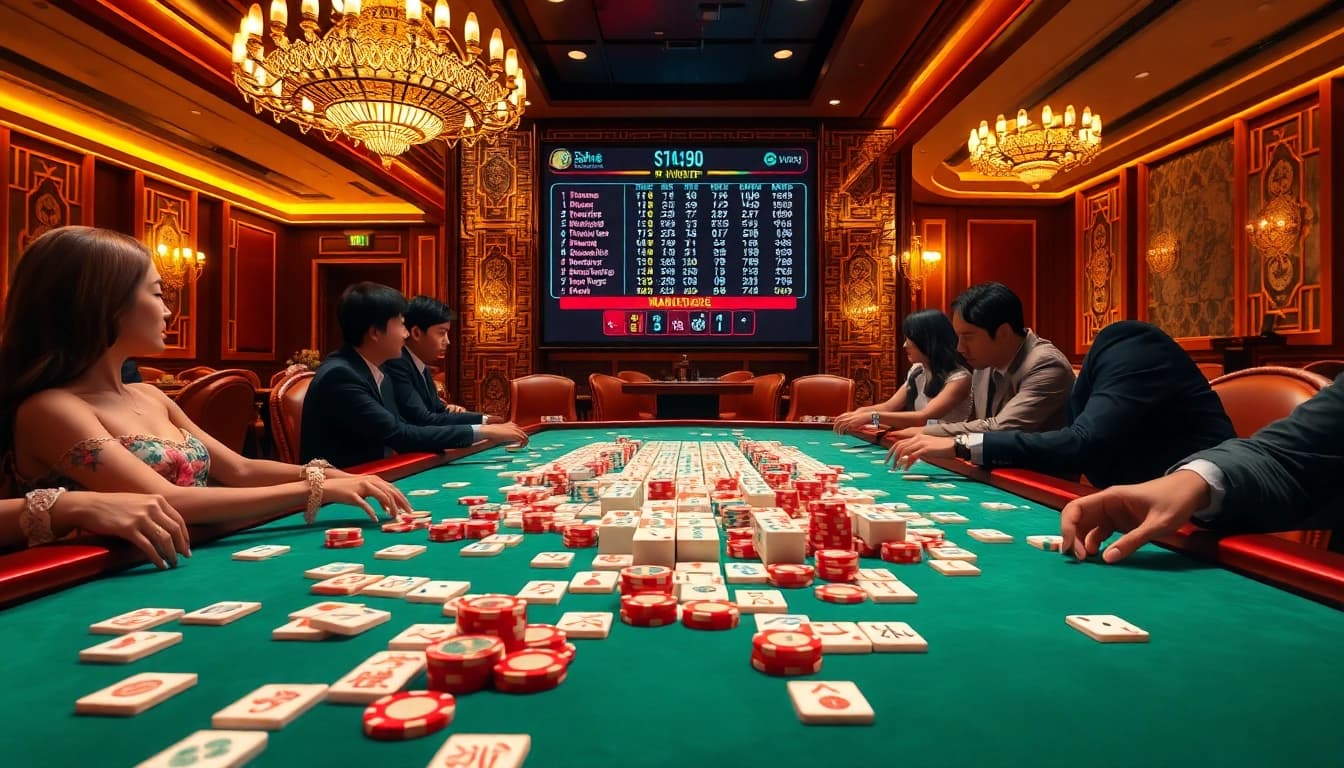 Berpartisipasi dalam perjudian Mahjong di meja kasino yang hidup dengan ubin berwarna-warni dan chip kemenangan.