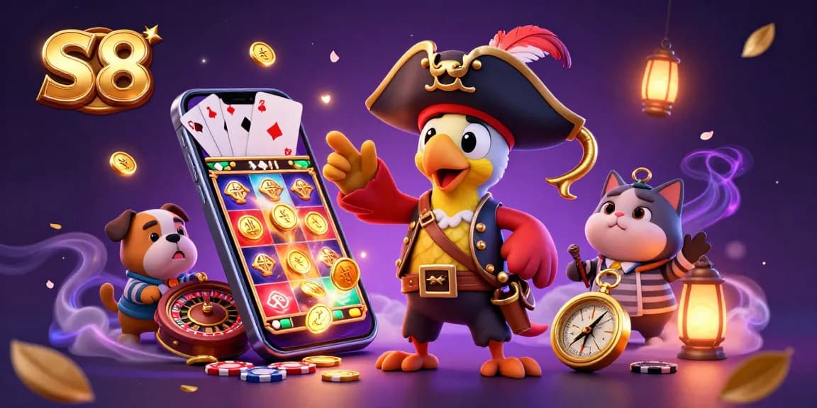 S8 members enjoy winning opportunities with a vibrant casino scene featuring a lively parrot captain guiding gameplay.