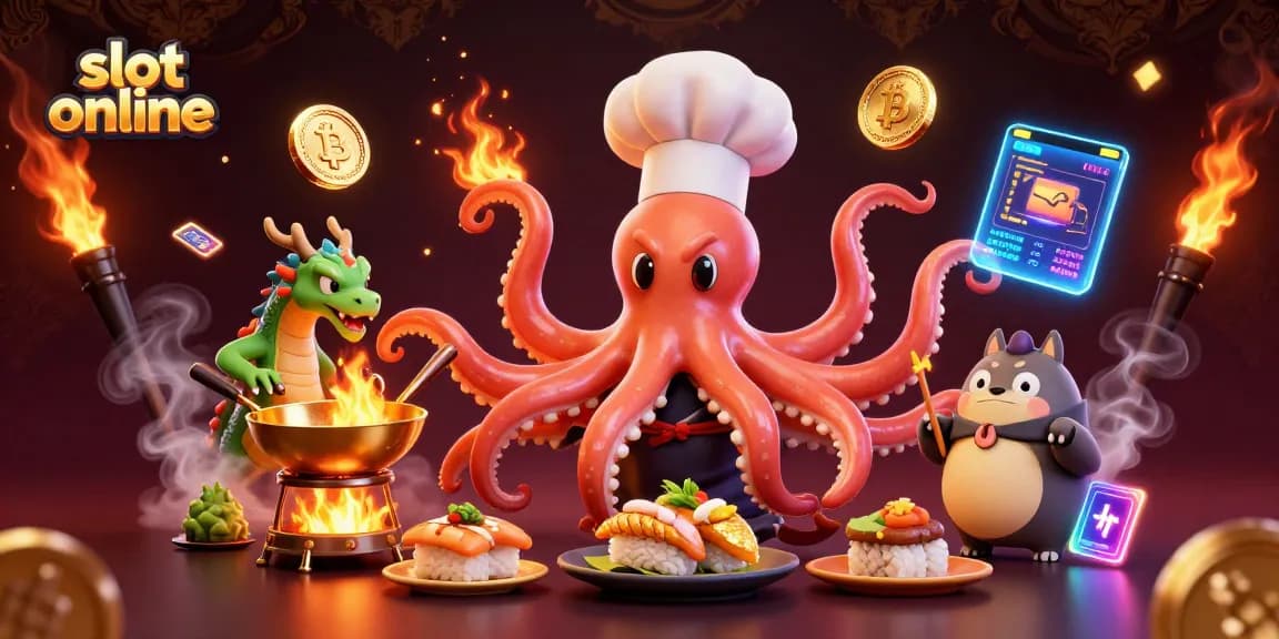Engage with slot online in this vibrant scene of a sushi chef octopus and a dragon, showcasing crypto elements.