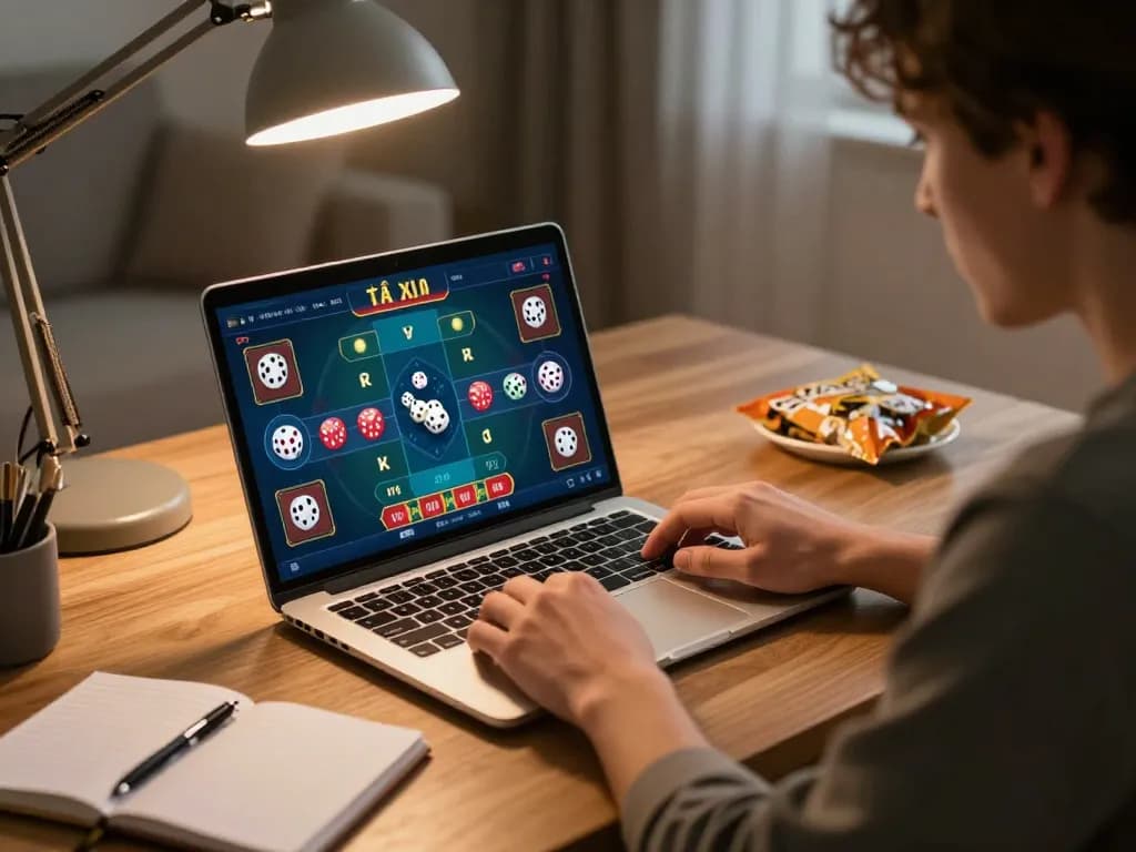 Engaging with tài xỉu online using a laptop in a cozy home setting, showcasing strategic gameplay.