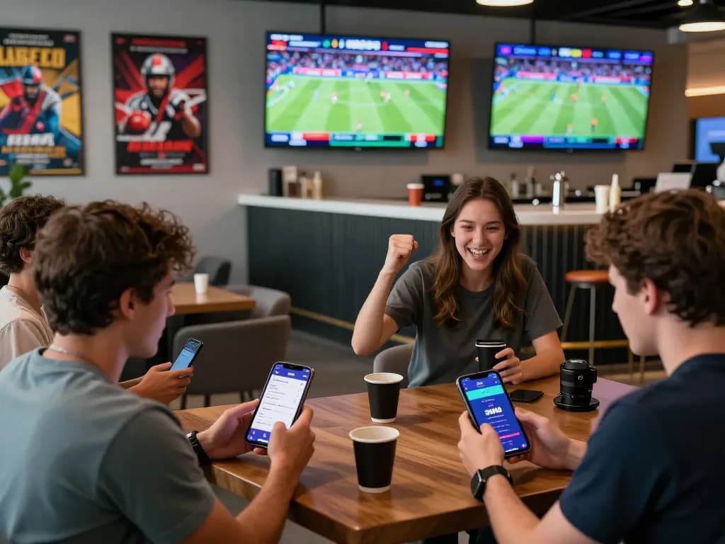 3win users enjoying dynamic sports betting in a lively lounge.