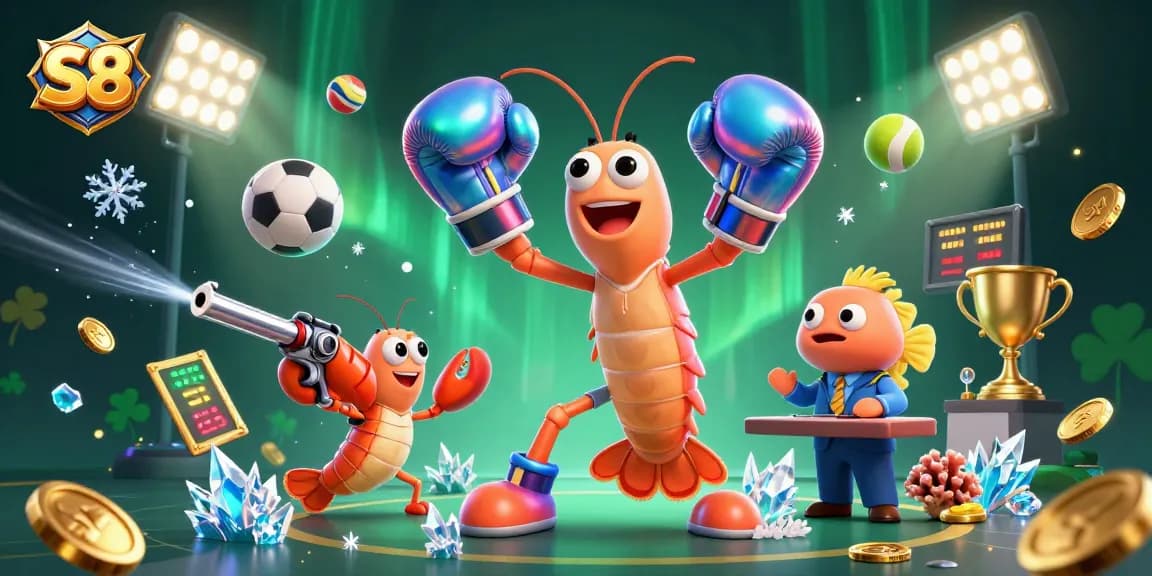 S8 captivates with vibrant casino energy as cartoon mantis shrimp combats, surrounded by dynamic sports elements.