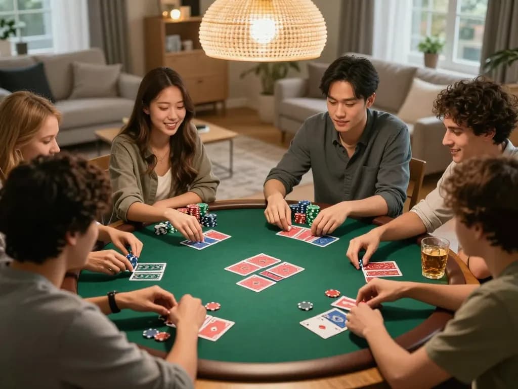 Enjoying a thrilling game bai night with friends around a vibrant poker table, capturing strategic gameplay.