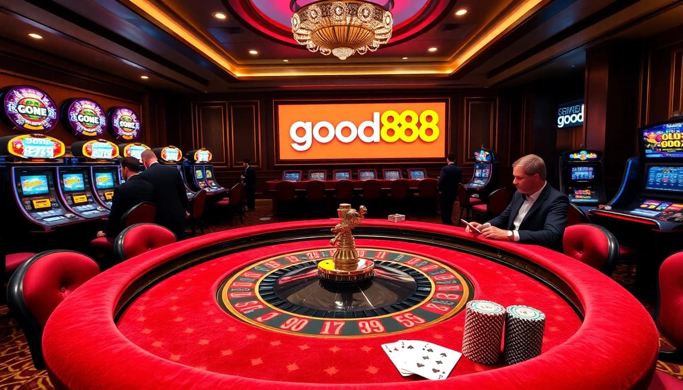 Experience the thrill of winning at good88 with an elegant casino setup featuring a roulette table and slot machines.