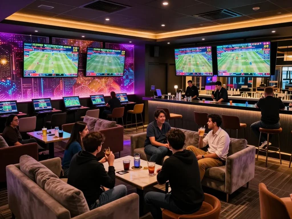 Bsport enthusiasts engaging in live sports betting with dynamic screens and a cozy lounge atmosphere