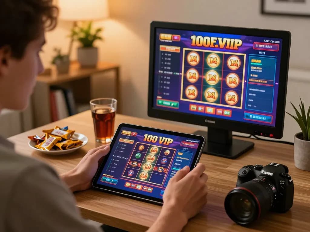 Experience dynamic online gambling with 100VIP on user-friendly tablet in a stylish home setup.