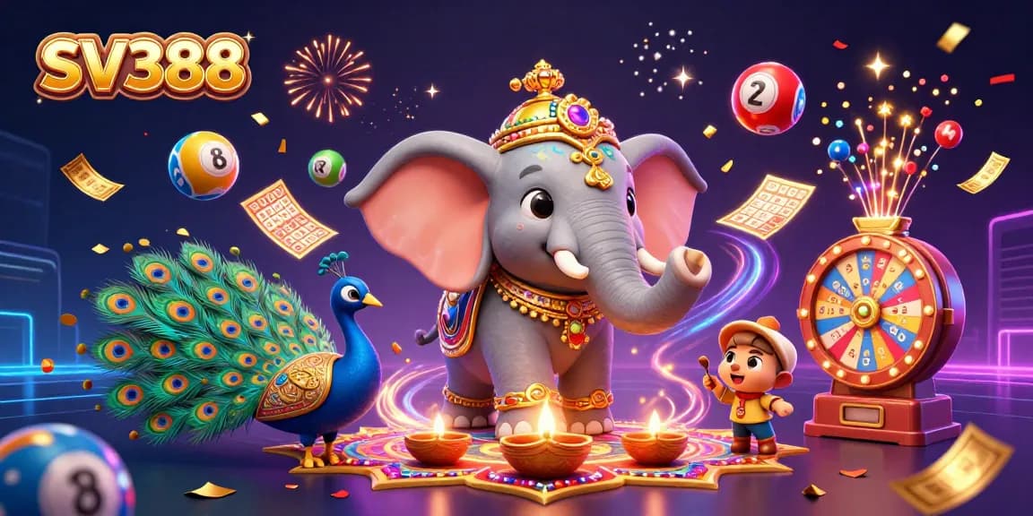Experience the thrill of SV388 as vibrant lottery elements and colorful characters come to life in this dynamic casino illustration.