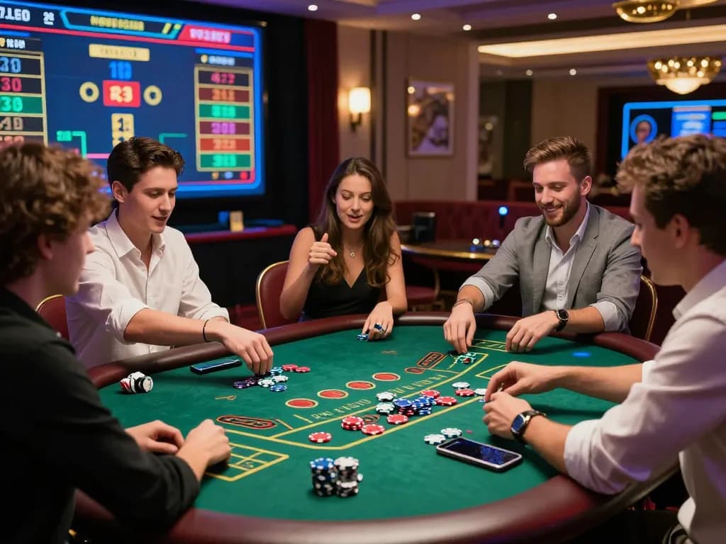 Friends enjoying an engaging game at a vibrant zbet casino table with colorful chips.