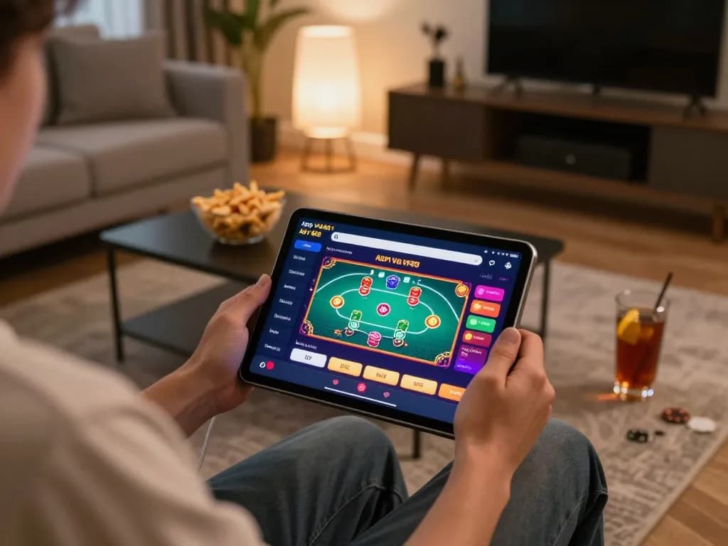 Player using App Vk88 to enjoy an online poker game at home, comfortable and engaging atmosphere