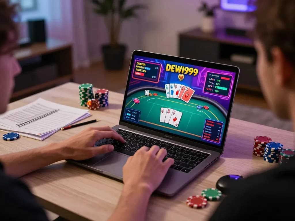 Mengalami permainan poker online DEWI999 di laptop dalam kantor rumah yang bergaya