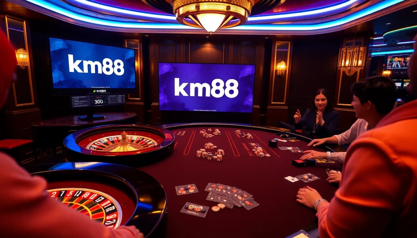 km88 players engaging in an exciting casino game at an elegant poker table with luxurious ambiance.