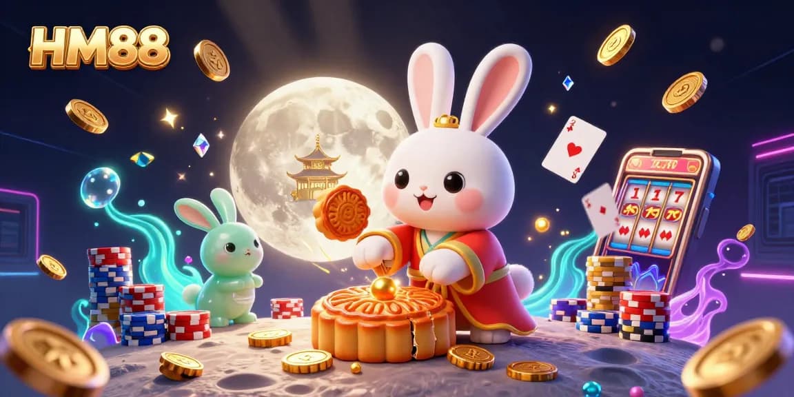 Experience winning strategies at HM88, where a moon rabbit and jade companion showcase vibrant casino gaming elements.
