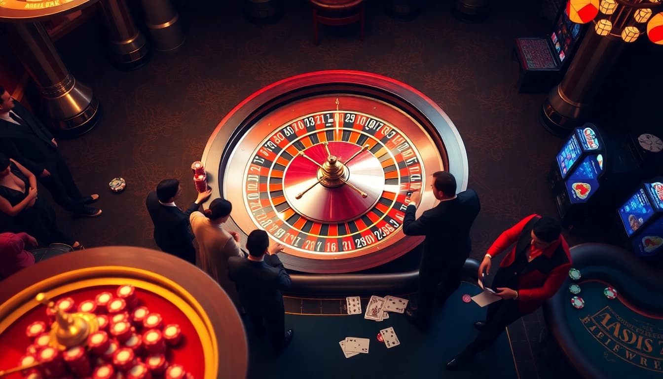 Exciting casino atmosphere showcasing f168-themed roulette and poker action with dynamic players.