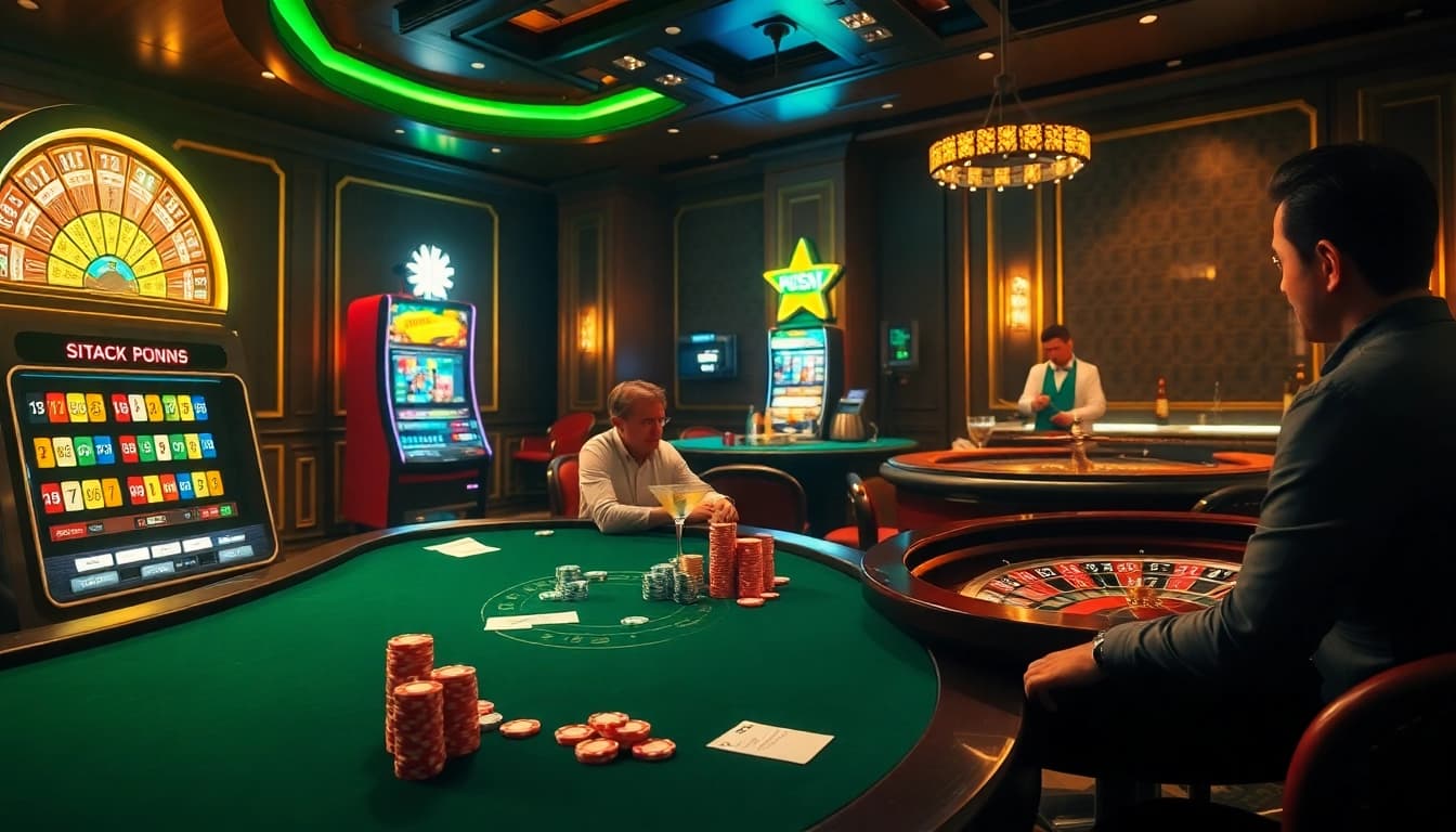 Gamblers enjoying thrilling excitement at win55.com poker table with vibrant slot machines.