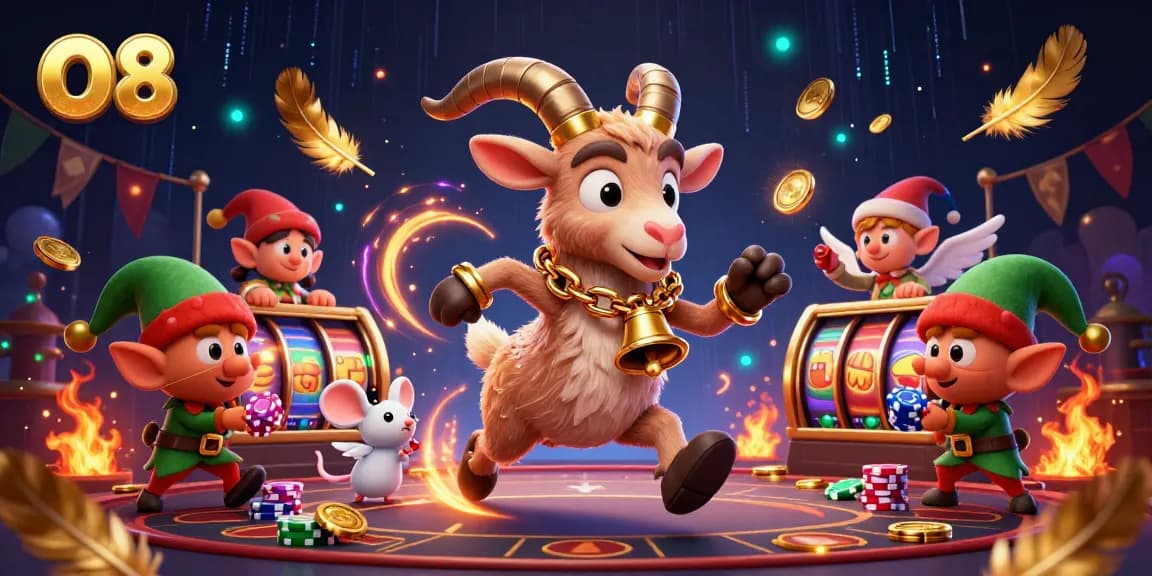 O8's lively casino scene features a Krampus goat managing chaos with cartoon mice and gremlins around slot machines.