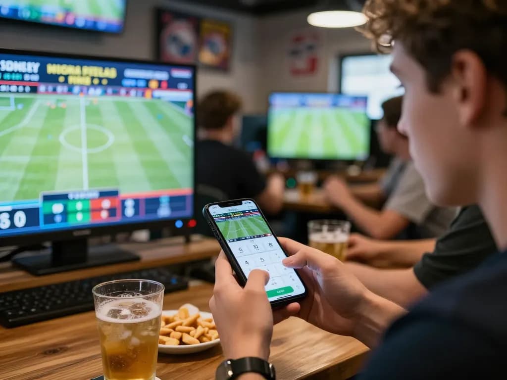 Engaging in live sports betting on 88aa platform while enjoying beverage with friends.