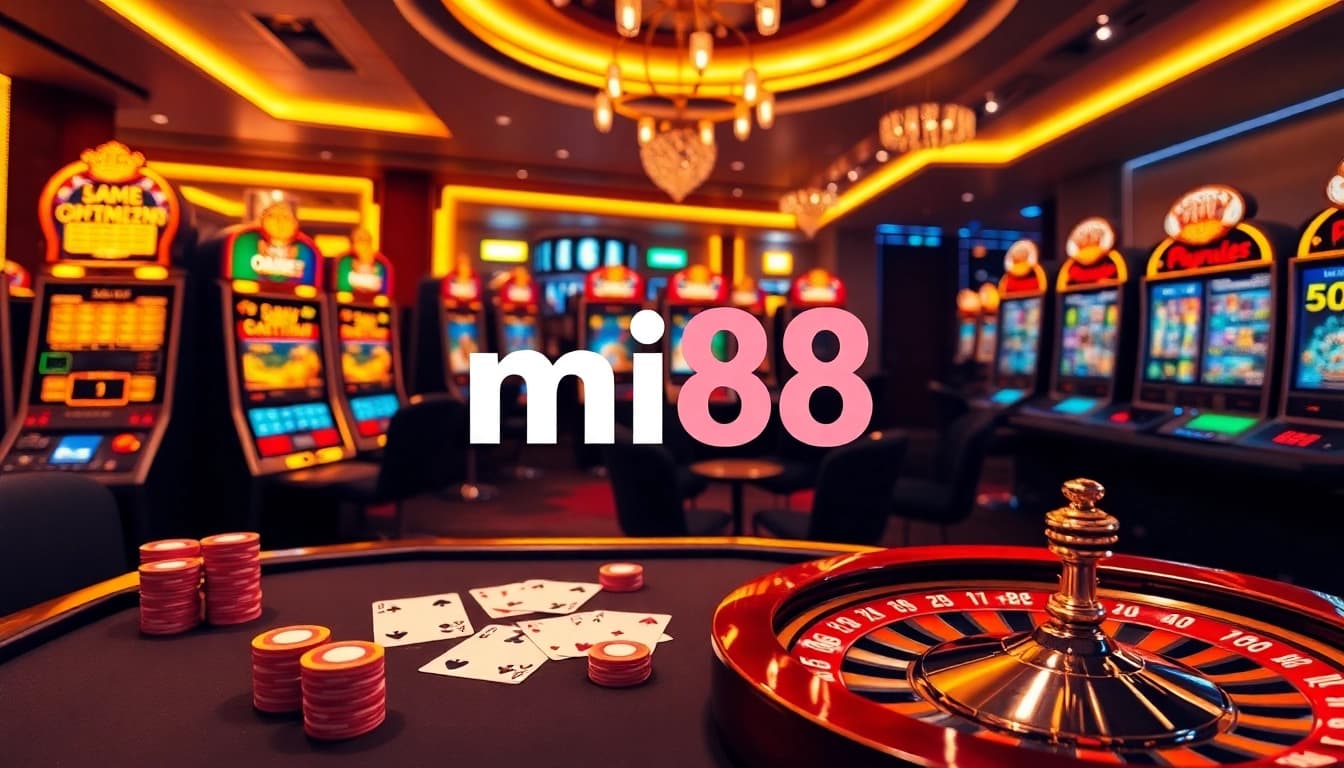 Experience the excitement of mi88 with vibrant gambling scenes featuring poker games and roulette wheels.