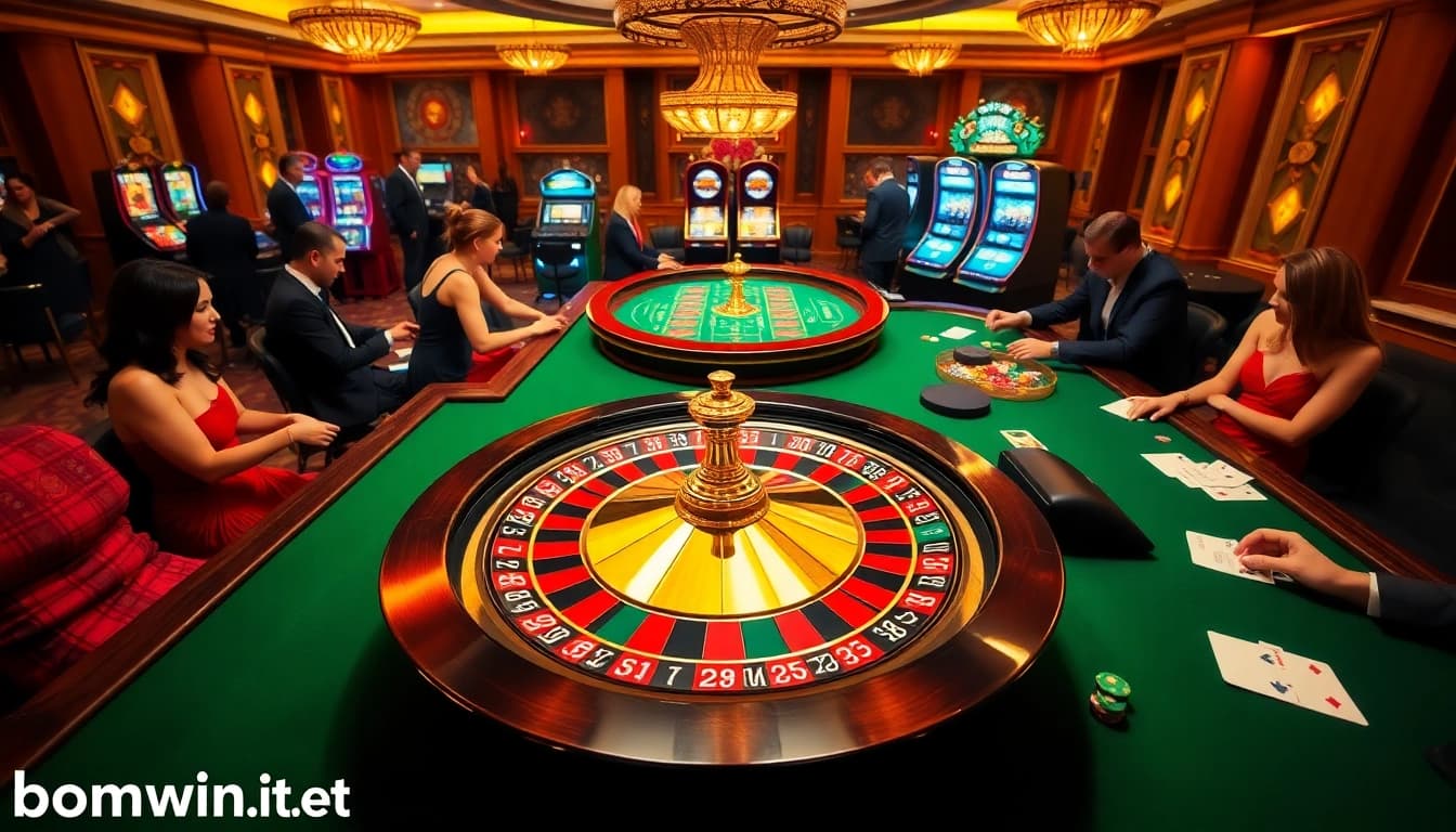 Players enjoying games at bomwin1.it.com casino tables with roulette wheel and slot machines.