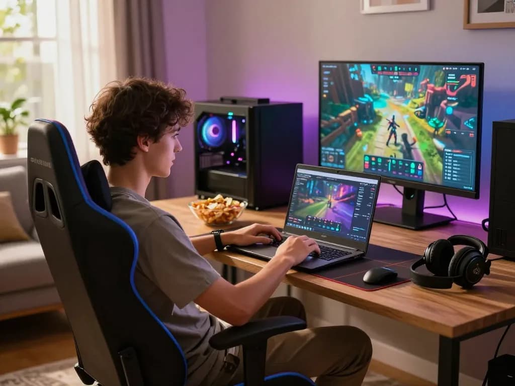 Immersive gaming experience on RATU99 platform, showcasing a vibrant living room setup with a player and snacks.