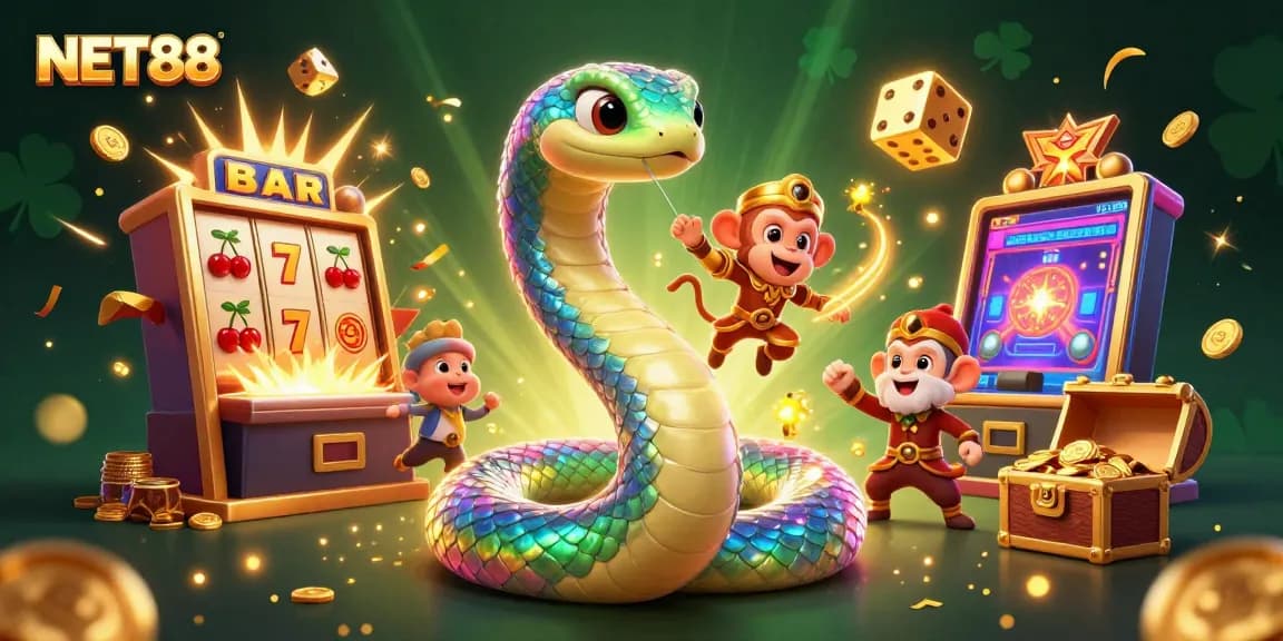 Experience jackpot excitement with NET88's dynamic casino scene featuring vibrant characters and game elements.