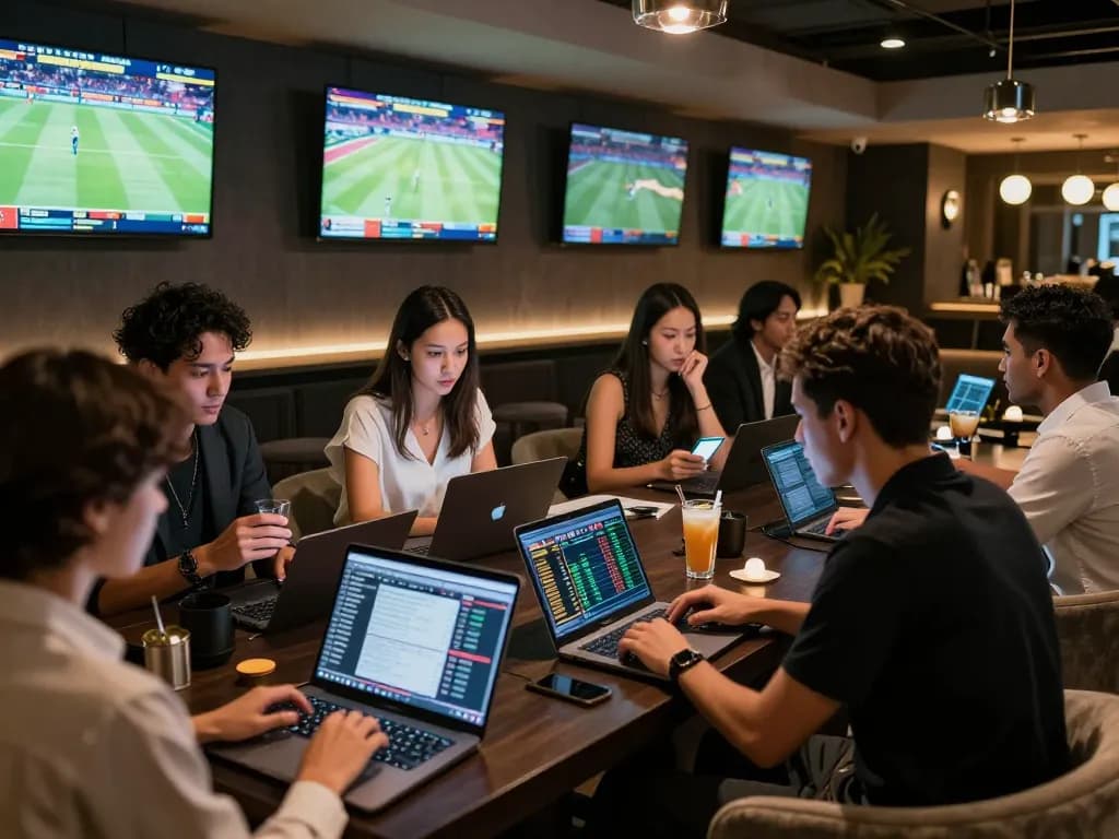 Engaged bettors analyzing odds on LV88 sports betting platform in a stylish lounge