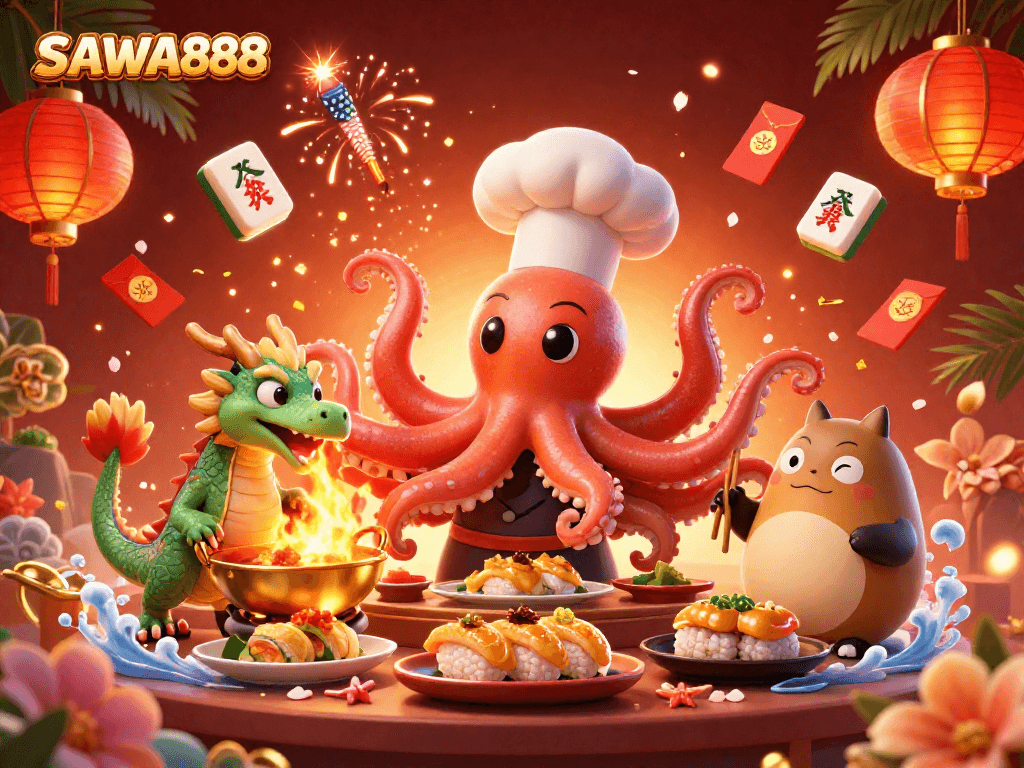 SAWA888 offers breathtaking slots with a sushi chef octopus preparing exquisite dishes in a vibrant casino atmosphere.