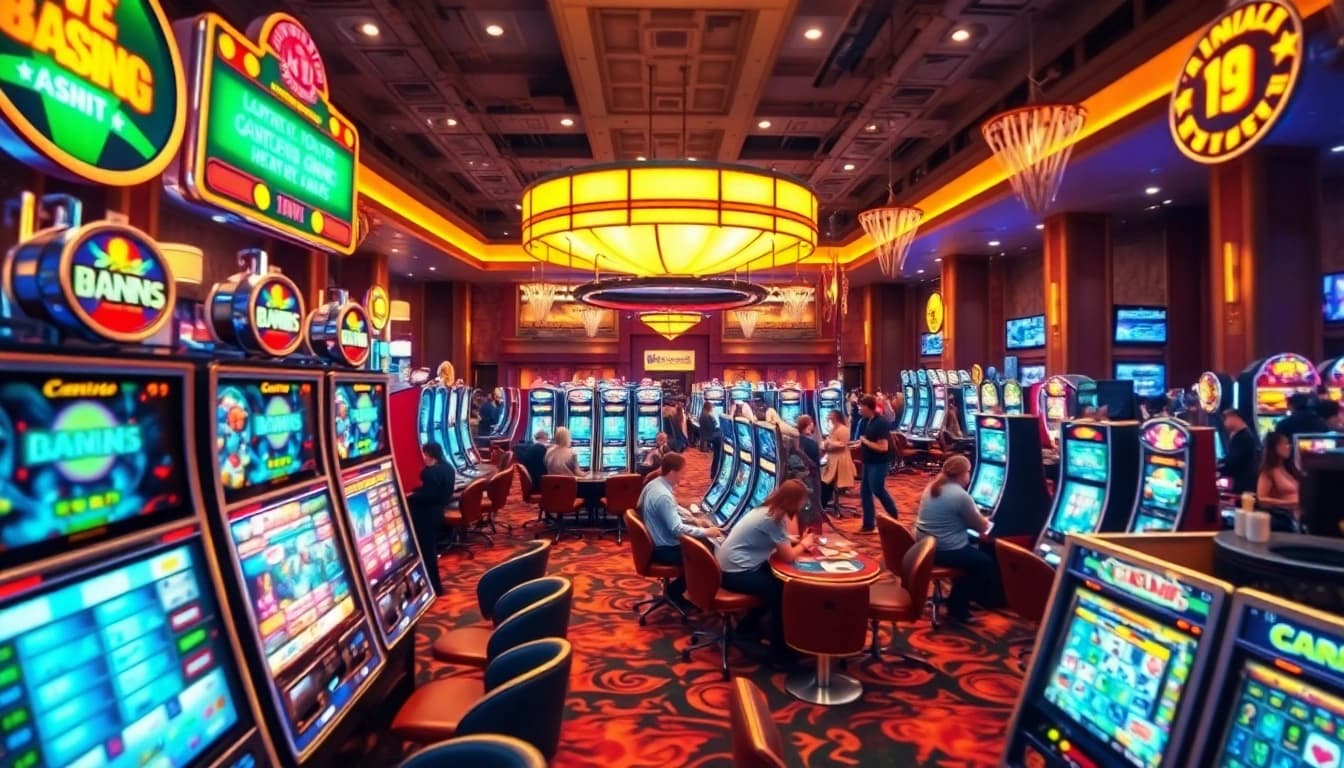 Link sbobet menjelaskan suasana kasino yang ramai dengan mesin slot bersinar dan pemain yang antusias.