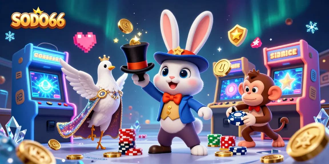 SODO66 offers an exciting casino experience with a vibrant scene featuring a magician, dove, and monkey amidst gaming elements.