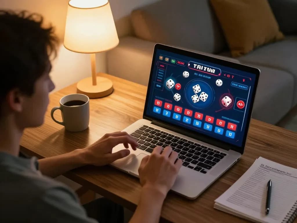 Tài xỉu online gaming session with a player engaged on laptop showcasing the dice and betting options, highlighting the excitement of online gambling