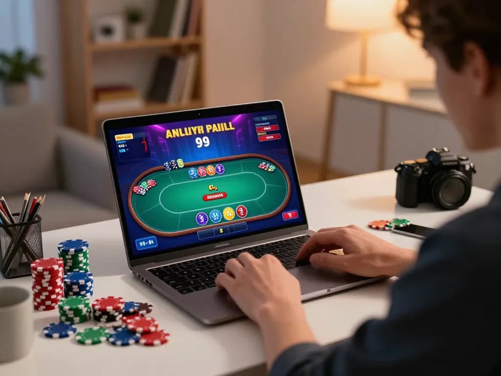 Player engaging with uu88's online poker game interface, surrounded by strategy notes and a modern home setup.