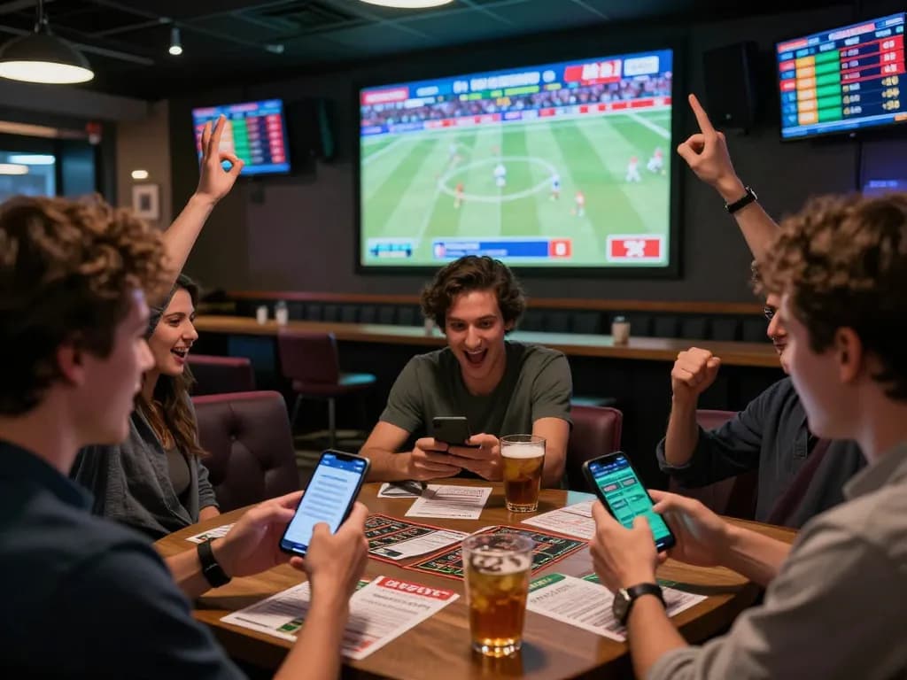 Excited bettors engaging in live sports betting using OKFUN on their smartphones in a lively sports bar atmosphere.