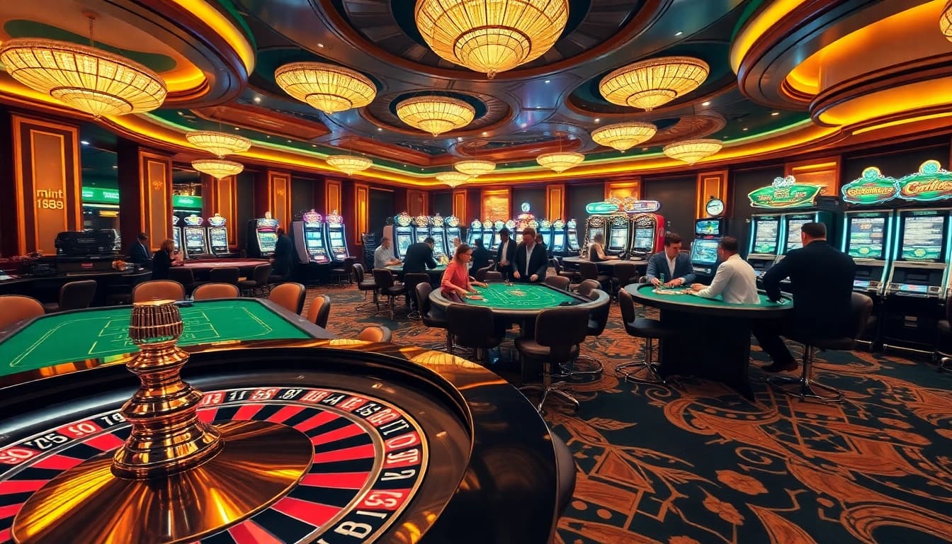 Mint88 players engaging in thrilling casino games at a vibrant and luxurious gaming floor.
