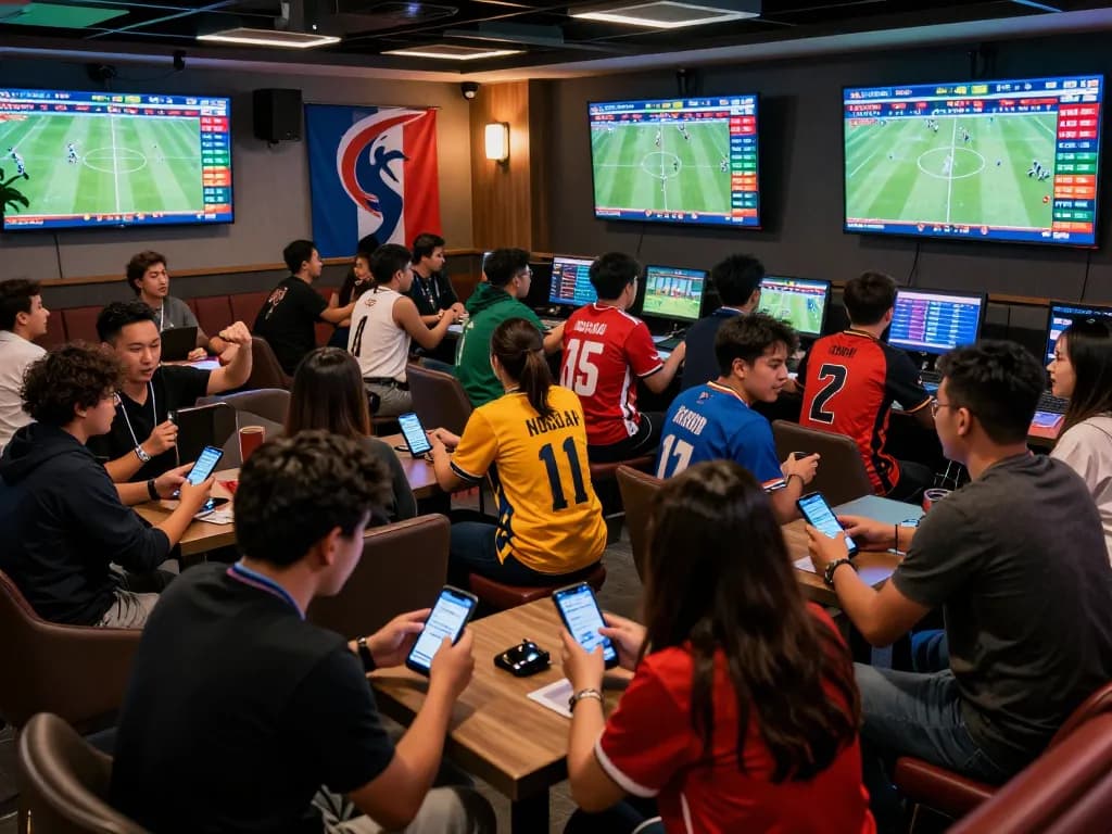 Kèo nhà cái 5 enhances live sports betting excitement with fans placing bets in a vibrant lounge.