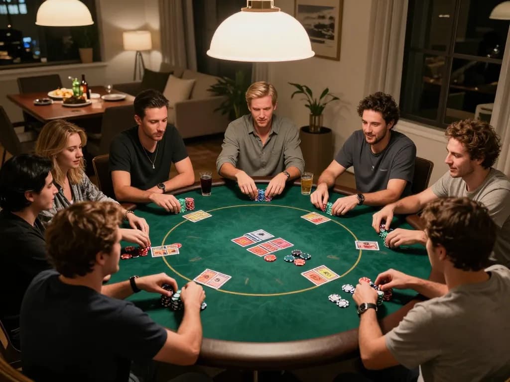 Players engaging in an exciting poker game at home, highlighting nk88 strategies and social interaction.