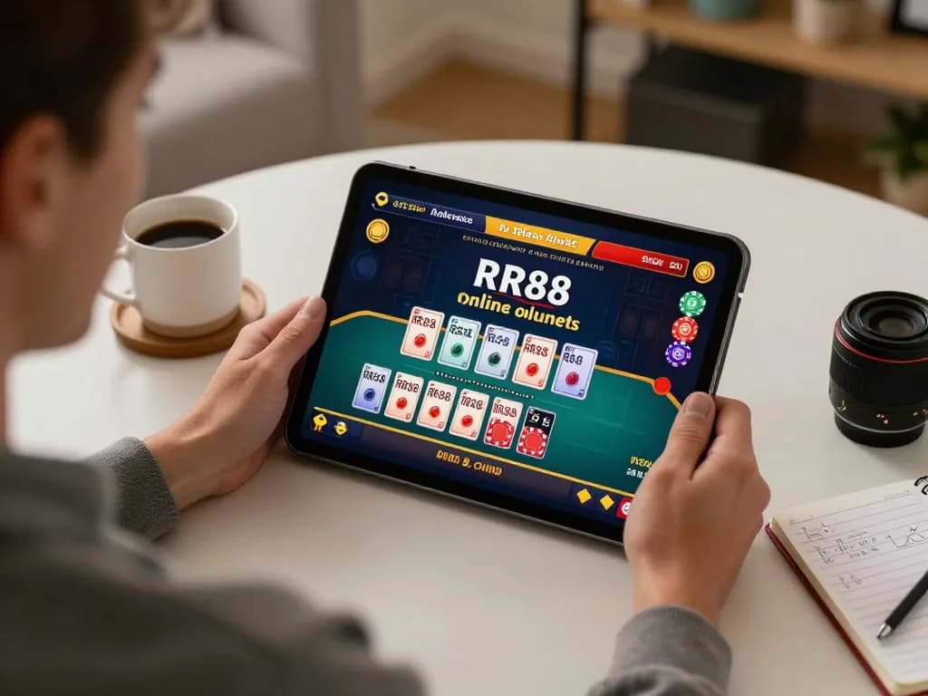 Engaging gameplay session on RR88 with player using tablet for online casino betting.