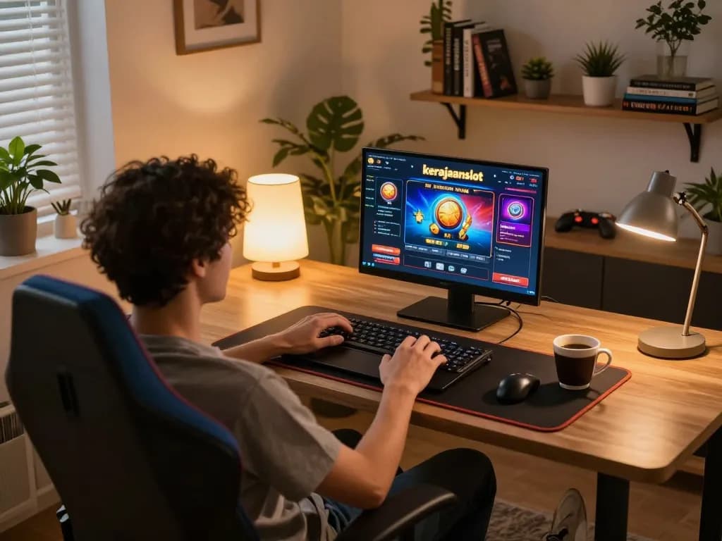 Engaging with the kerajaanslot online gaming interface, emphasizing a comfortable gaming setup.