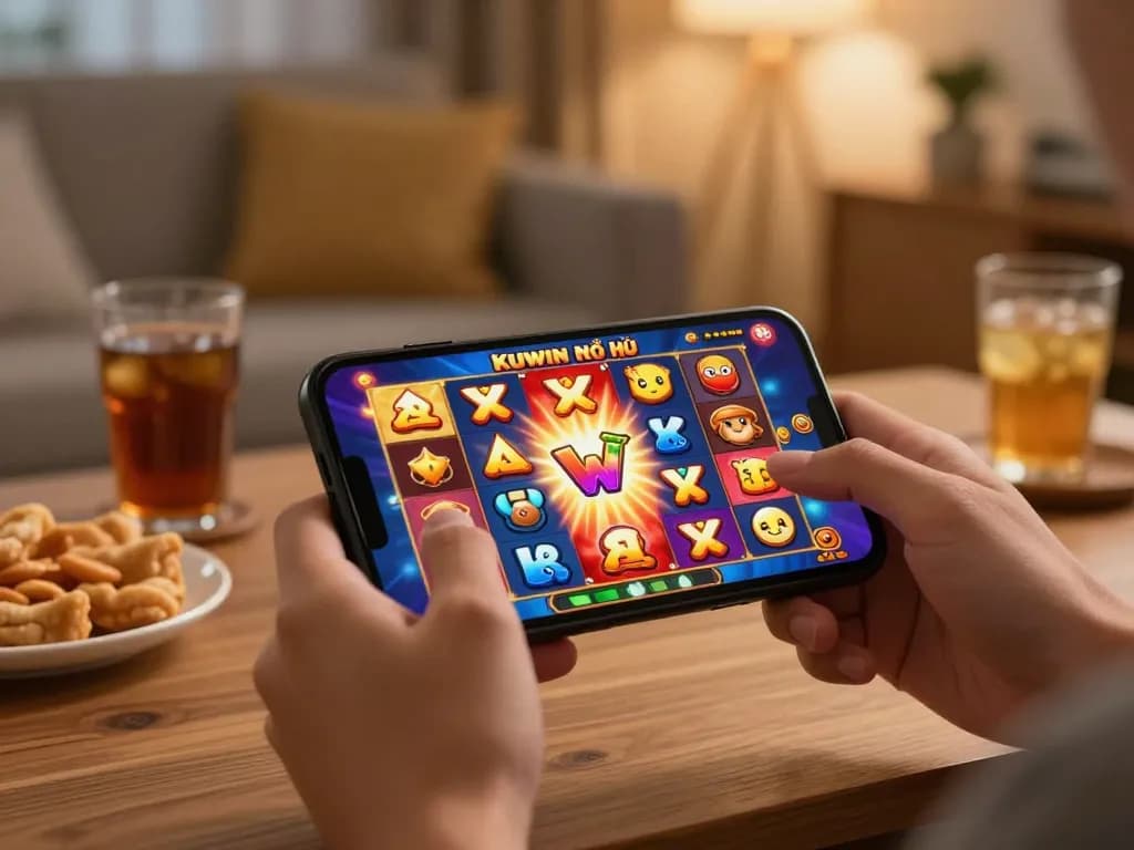 Kuwin nổ hũ game on smartphone screen, showing winning symbols and colorful animations in an inviting home setting.
